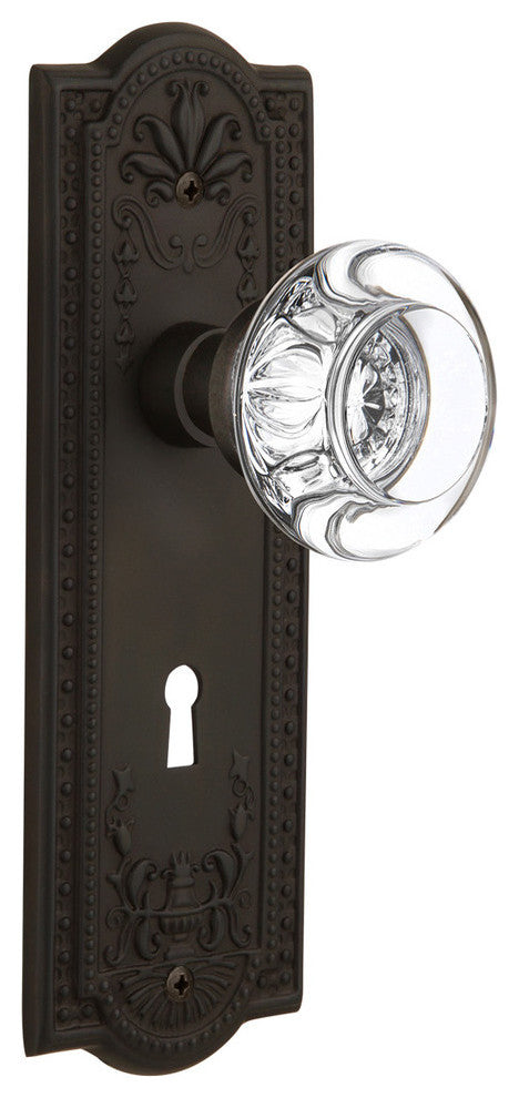 Meadows Plate Passage Round Clear Crystal Glass Knob, Oil Rubbed Bronze