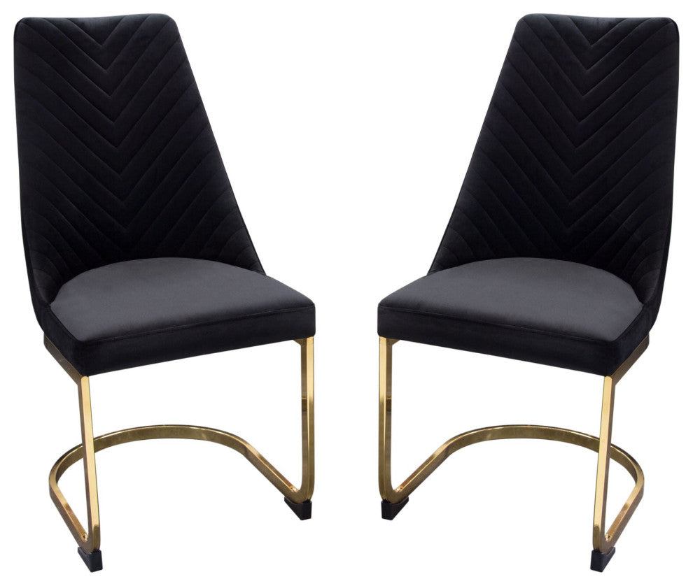 Vogue 2 Dining Chairs With Gold Metal Base, Black Velvet