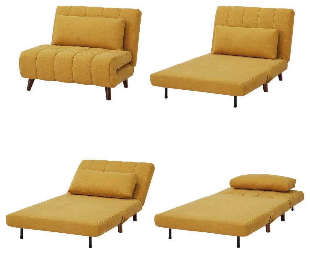 Convertible Futon Chair with Pine Wood Frame and Tufted Polyester Seat, Yellow