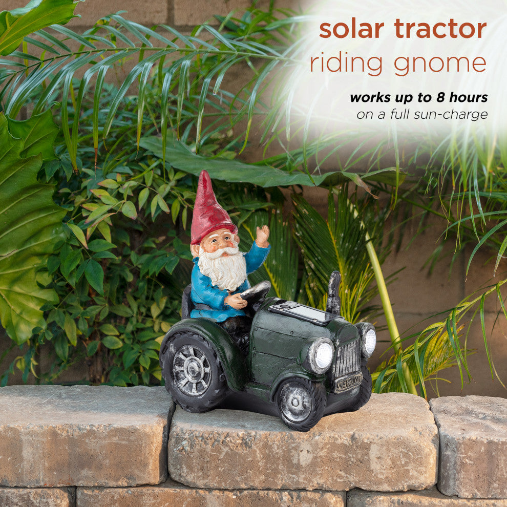 Solar Green Tractor Riding Gnome with Cool White LED Lights