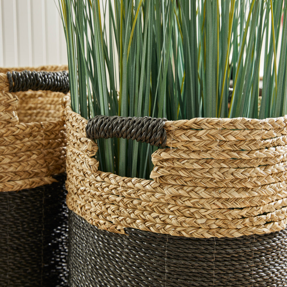 Set 2 Contemporary Casual Natural Black Round Tall Tote Baskets Handles Large