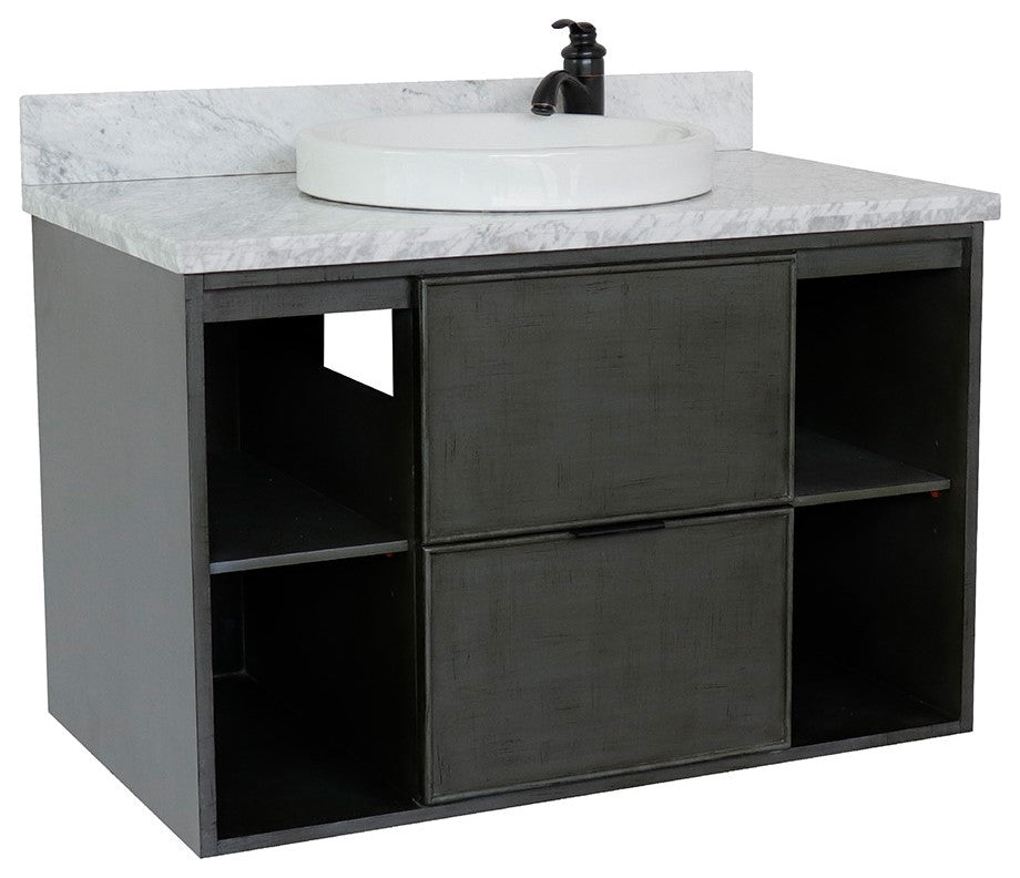 37" Single Wall Mount Vanity, Linen Gray Finish With White Carrara Top
