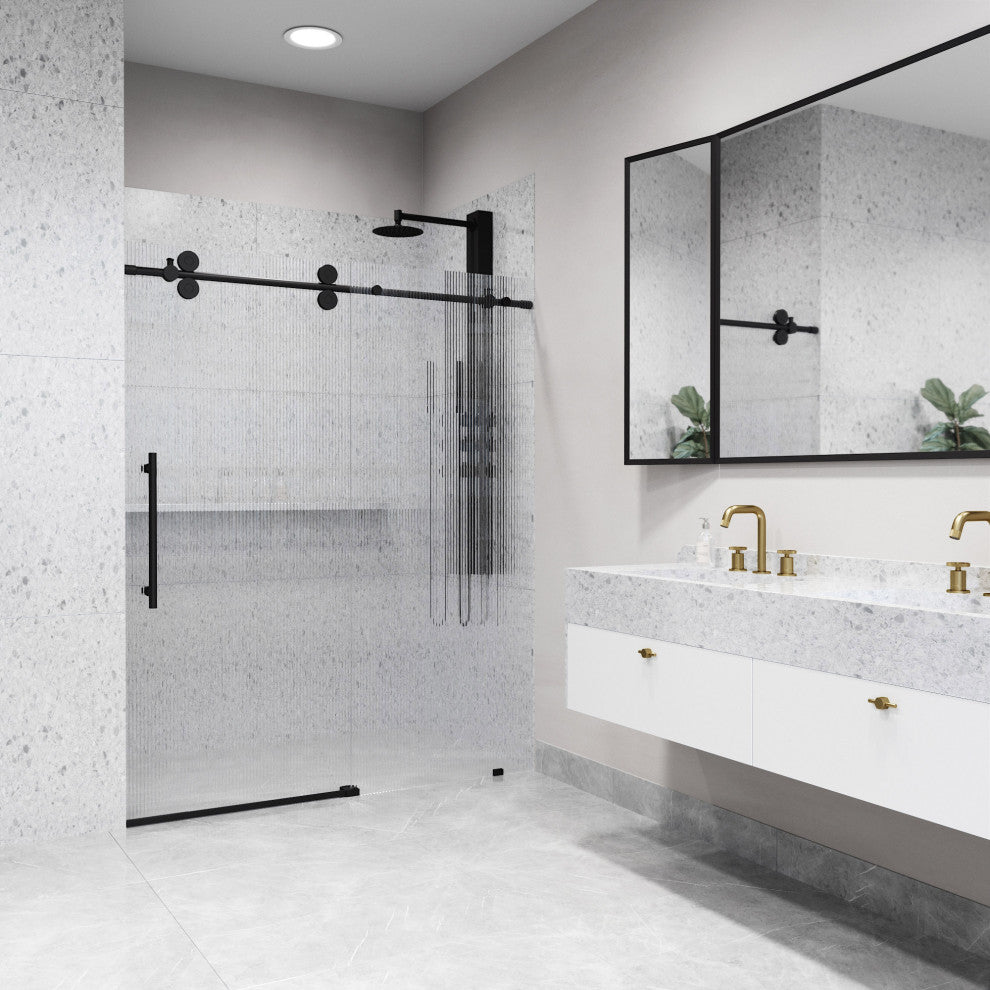 VIGO Elan 56" to 60" W x 74" H Frameless Sliding Shower Door, Matte Black, Left, Fluted Glass