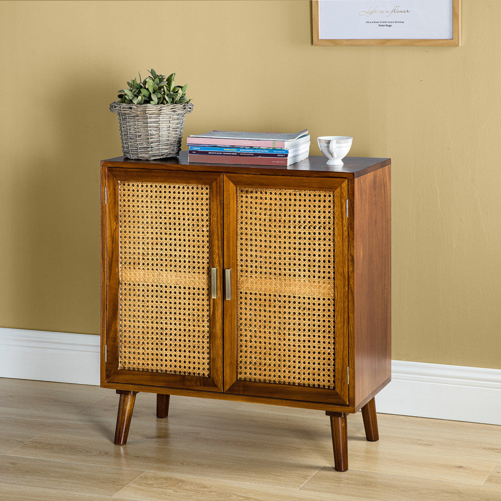 2-Door Accent Storage Cabinet, Solid Wood and Rattan, Cherry
