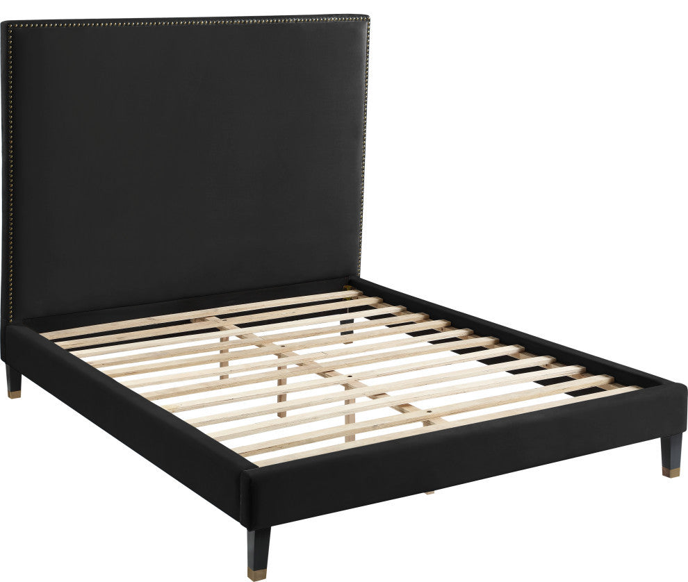 Harlie Velvet Upholstered Bed, Black, Queen