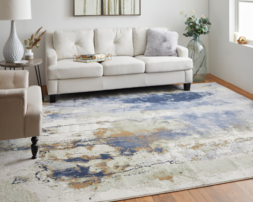 Takara Modern Abstract, Blue/Orange/Ivory, 10'x13'2" Area Rug