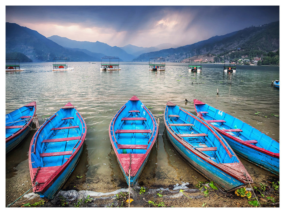 Row of Blue Boats in Pokhara Lake, Boat Canvas Art Print, 40"x30"