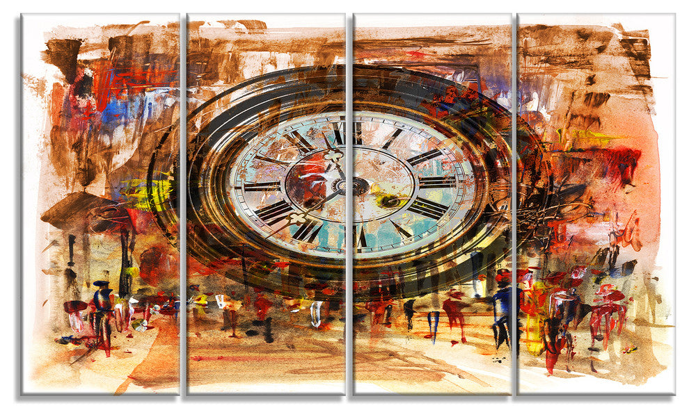 People and Time Acrylic Painting, Abstract Canvas Artwork, 48"x28", 4 Panels