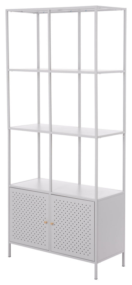 Bookcase Wall Shelf Rack, Steel Metal, Gray, Gold, Lounge Cafe Hospitality