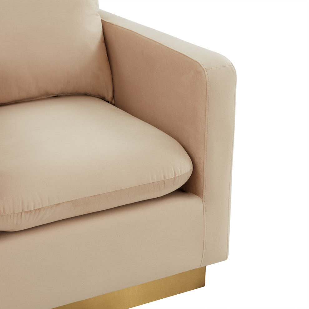 LeisureMod Nervo Modern Velvet Accent Arm Chair With Gold Base, Beige