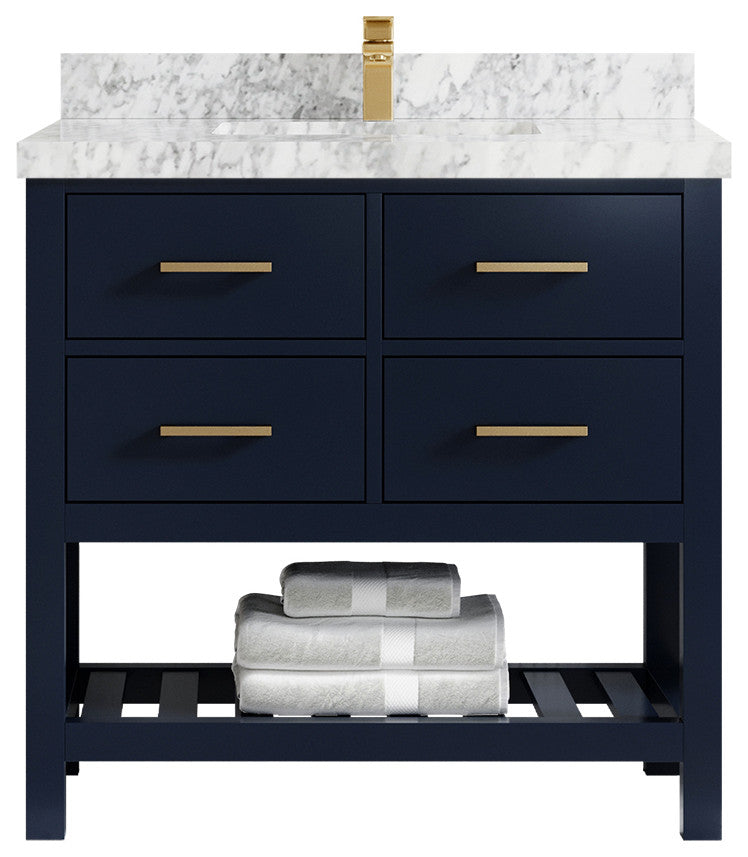 Parker 36 Single Sink Bath Vanity in Navy Blue  2" Carrara Marble