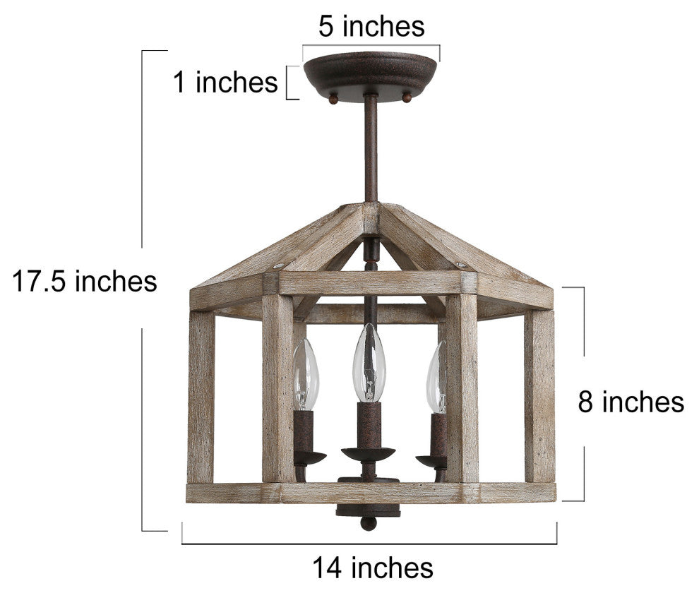 LNC Farmhouse 3-Light Bronze Square Wood Semi-Flush Mount Lighting