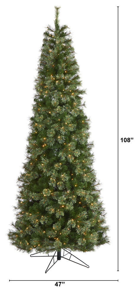 9' Cashmere Slim Faux Xmas Tree W/550 Warm White Lights & 1308 Bendable Branches