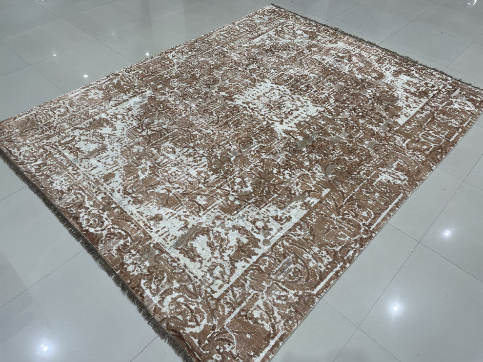 Hand-Knotted Wool Ivory/Copper Transitional Modern Heriz Rug, 7' X 9'