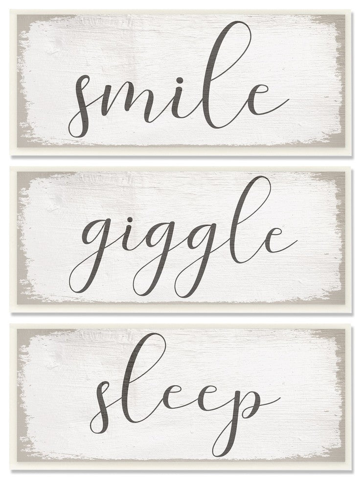 Smile Giggle Sleep White Wood Look 3-Piece Wall Plaque Art Set, 7"x17"