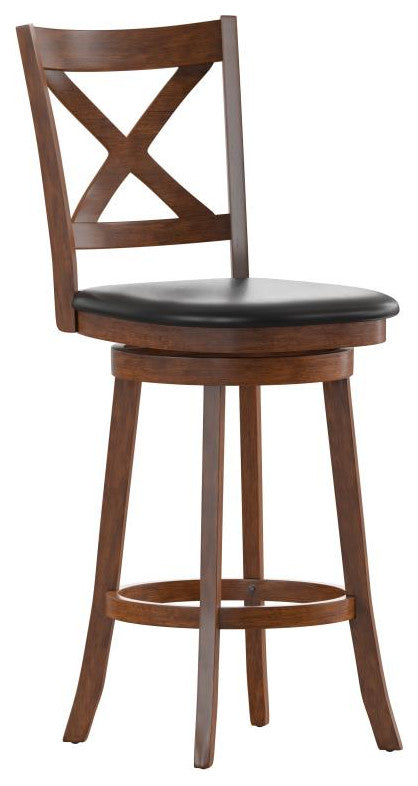 Felicity Wood Crossback Swivel Bar Height Barstool with Upholstered Seat, Black Vinyl/Antique Oak Frame