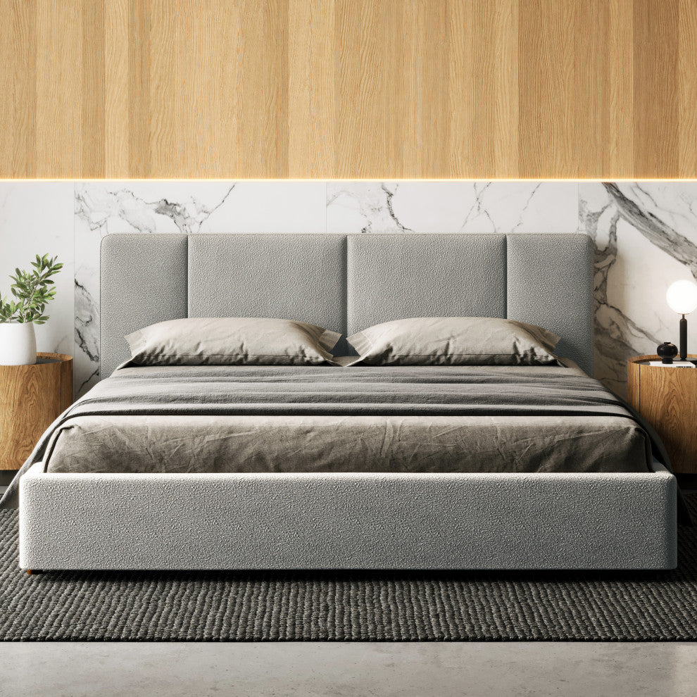 Omax Decor Venice Modern Fabric Upholstered Platform Bed, Grey Boucle, King