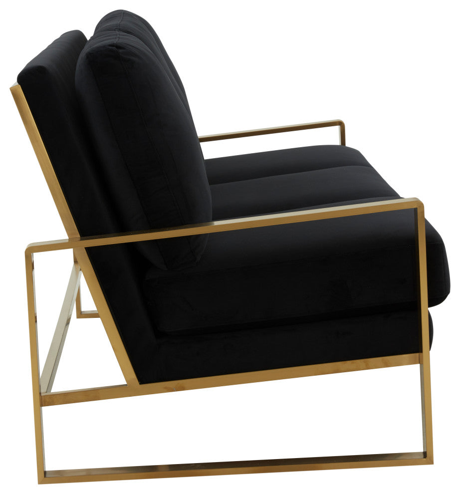 LeisureMod Jefferson Modern Design Velvet Sofa With Gold Frame, Black
