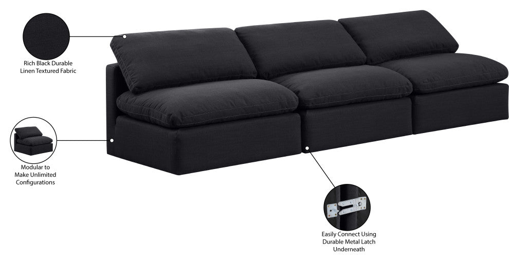 Indulge Upholstered Modular Sofa, Black, 3-Piece: 3 Armless Chair, Down Stuffed Linen Textured Fabric