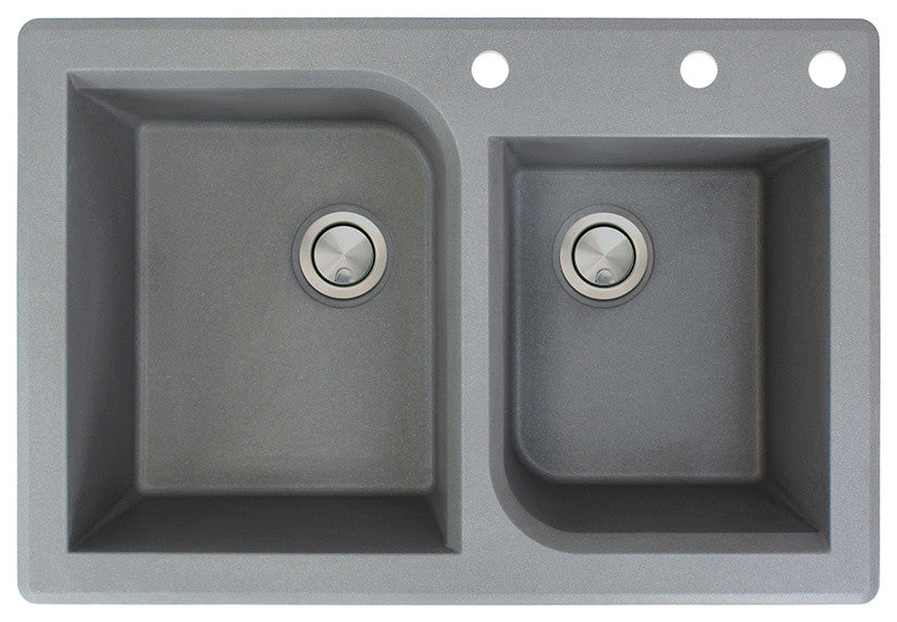 Radius 33" silQ Granite Drop-in Double Bowl Kitchen Sink with 3 Holes in Grey