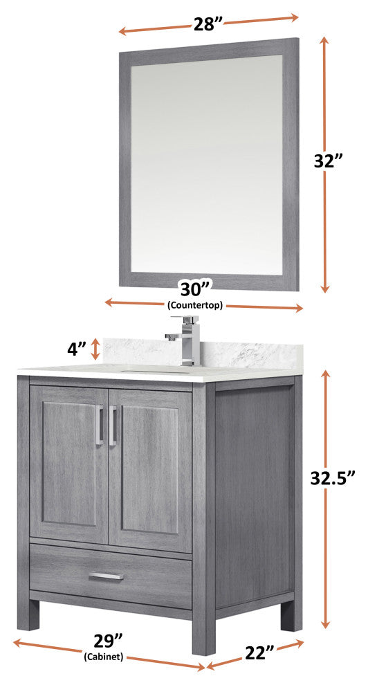 Jacques 30" Distressed Gray Single Vanity Carrara Marble Top Sink, 28" Mirror