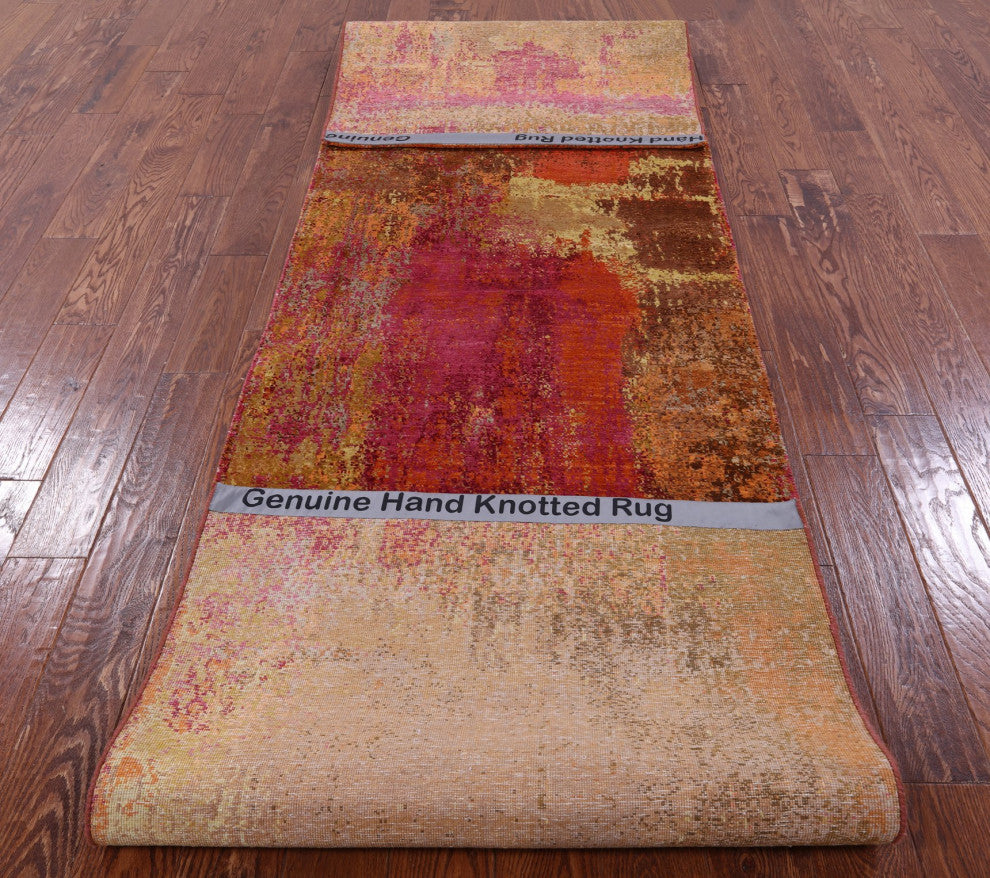 Runner Abstract Hand-Knotted Silk Rug 3' 1" X 12' 1" Q9089