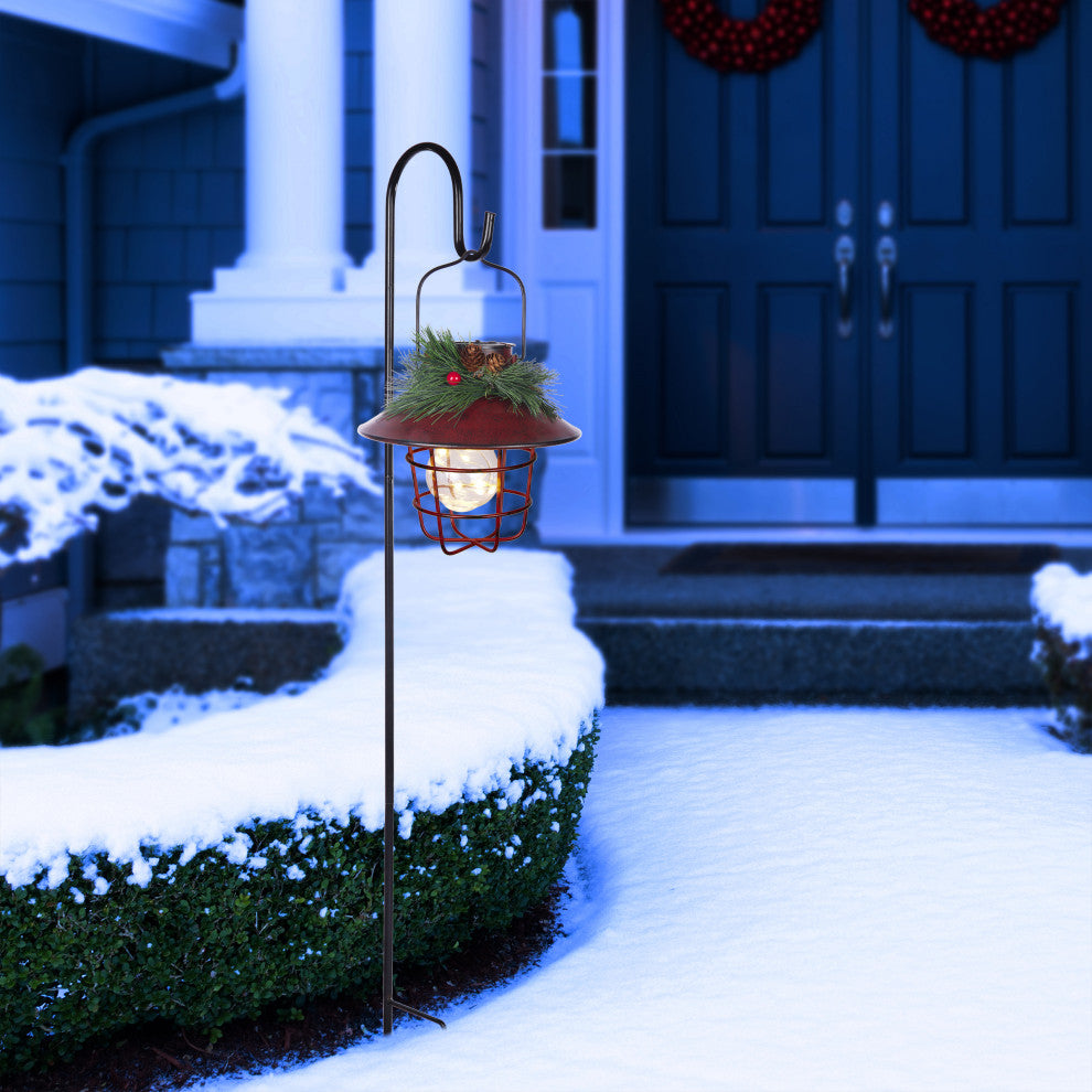 Metal Lantern w/ Shepherd's Hook and Warm White LED, Red