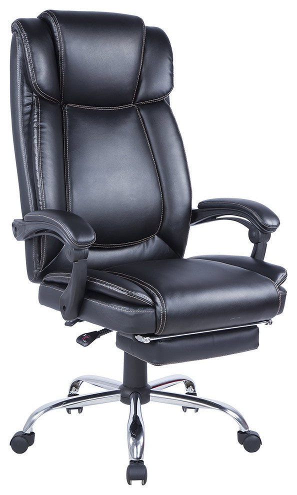 Executive Office Chair, Black Faux Leather Seat With Extendable Footrest, Black