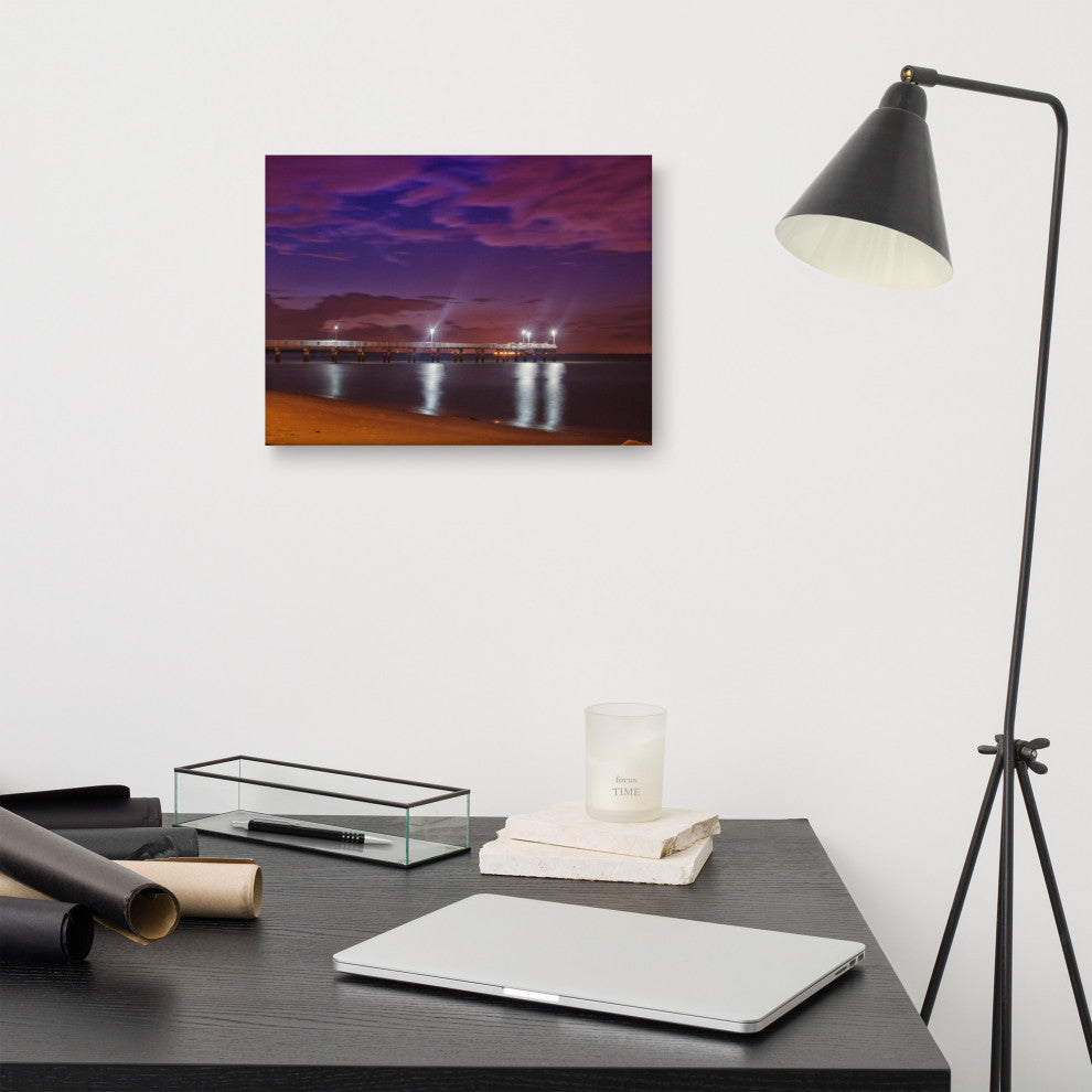 The Pier at Woodland Beach Night Photography Canvas Wall Art Print, 12" X 16"