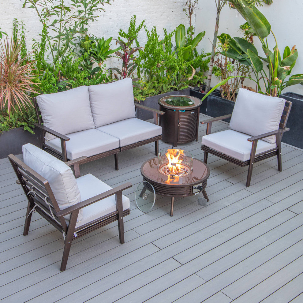 LeisureMod Walbrooke Patio Conversation Set With Fire Pit Table, Light Grey