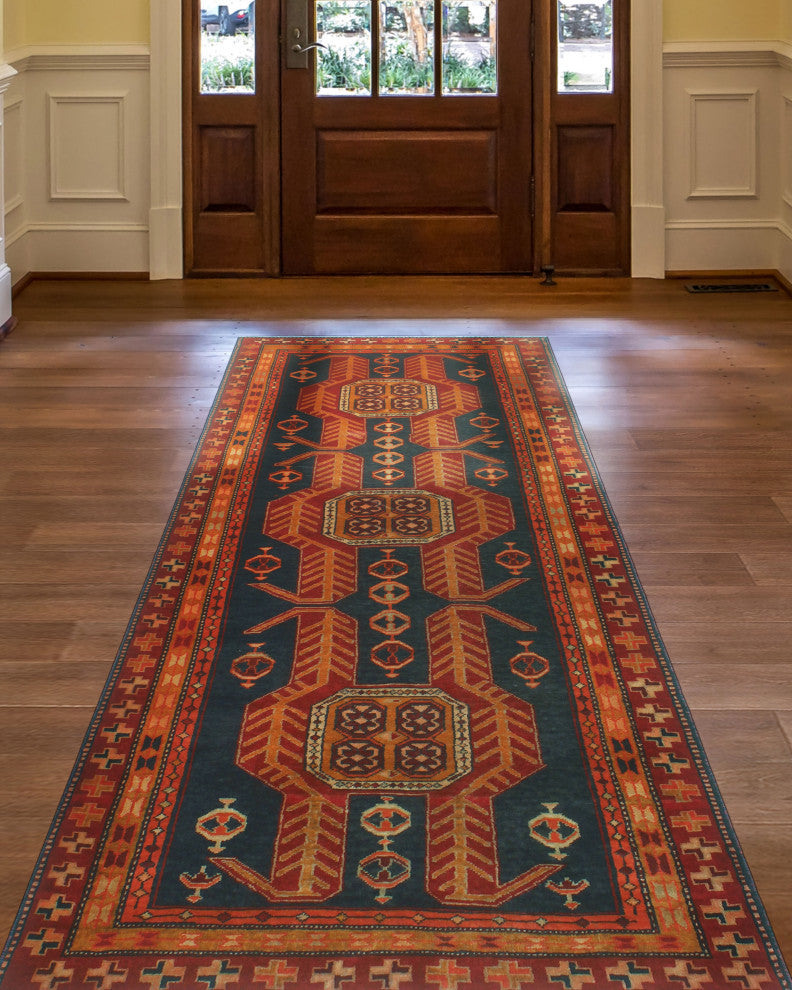 Fine Vintage Distressed Luka Navy/Orange Runner, 4'0x9'7