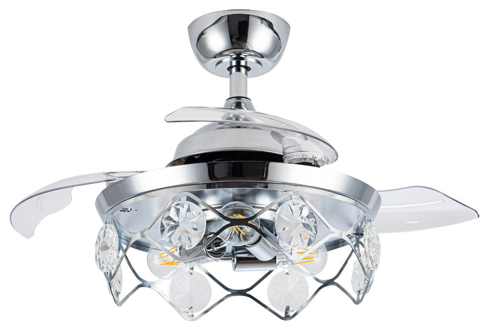 36 in Chrome Crystal Shade Ceiling Fan with Remote, Three Retractable Blades