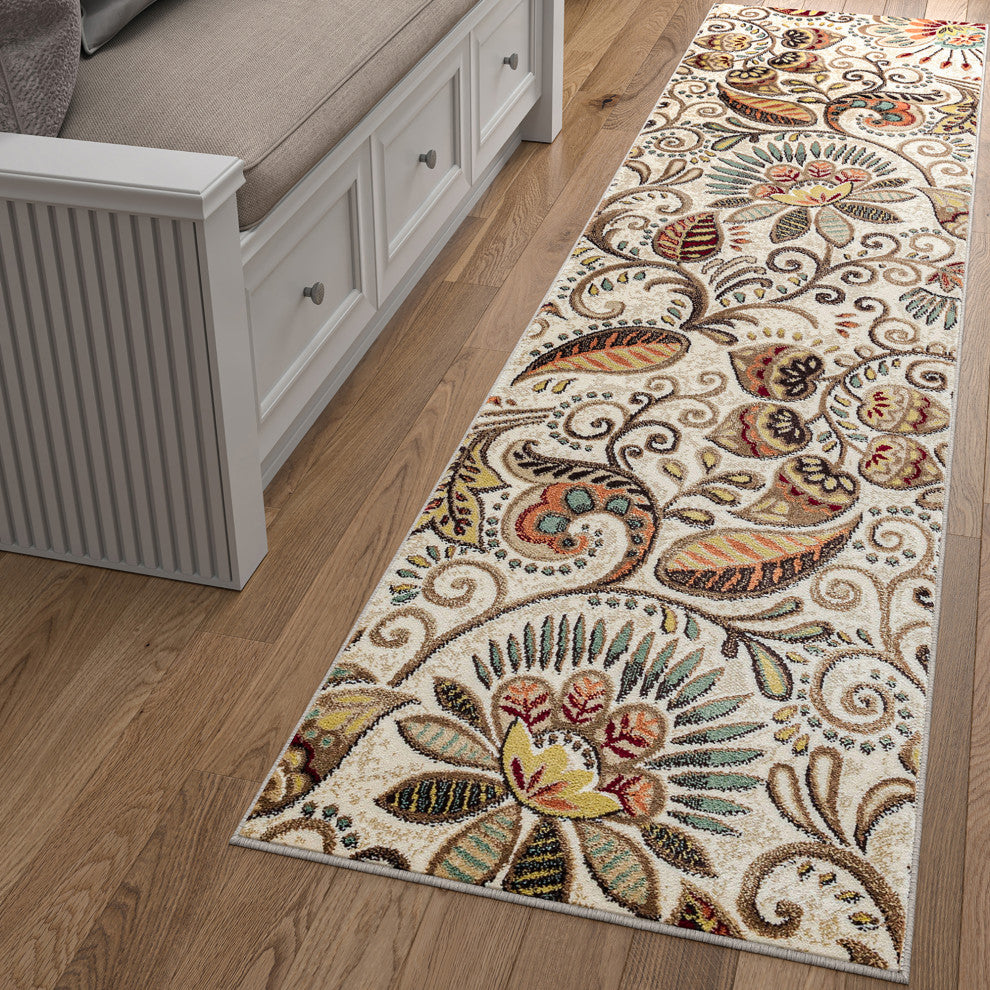 Giselle Transitional Floral Area Rug, Ivory, 2'3' X 7'7'