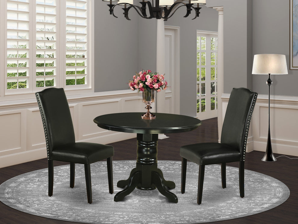 3Pc Round 42" Dinette Table, Pair Of Parson Chair, Pu Leather Color Black