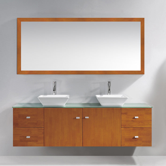 Clarissa 72" Double Bathroom Vanity Set, Honey Oak, Aqua Tempered Glass Countert