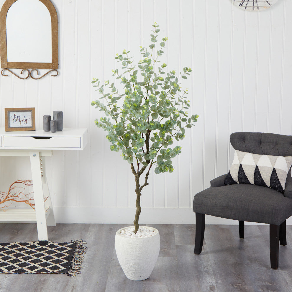 63" Eucalyptus Artificial Tree, White Planter