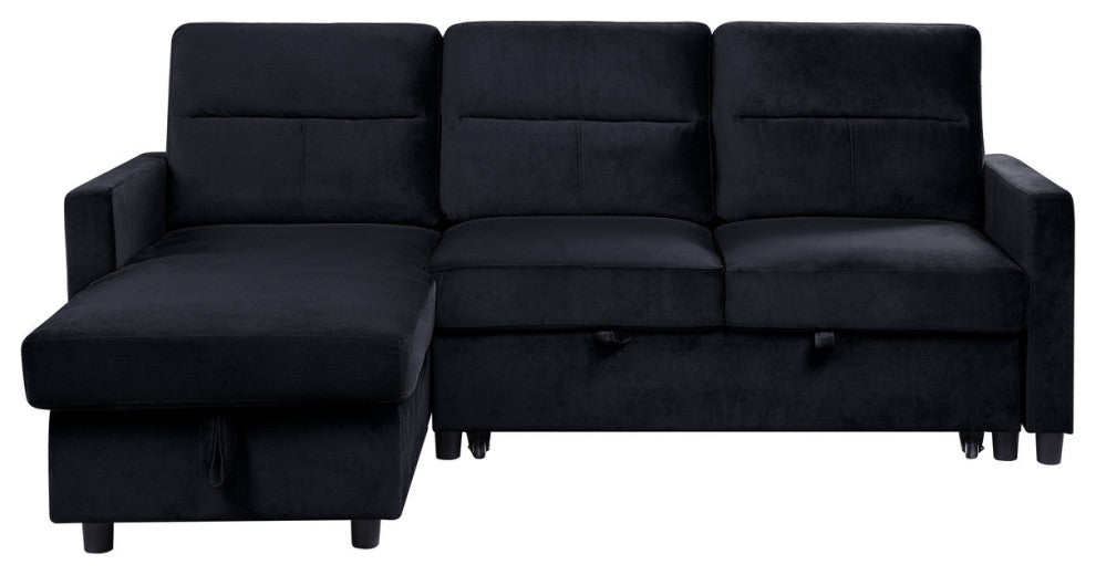 Ivy Black Velvet Reversible Sleeper Sectional Sofa, Storage Chaise, Side Pocket