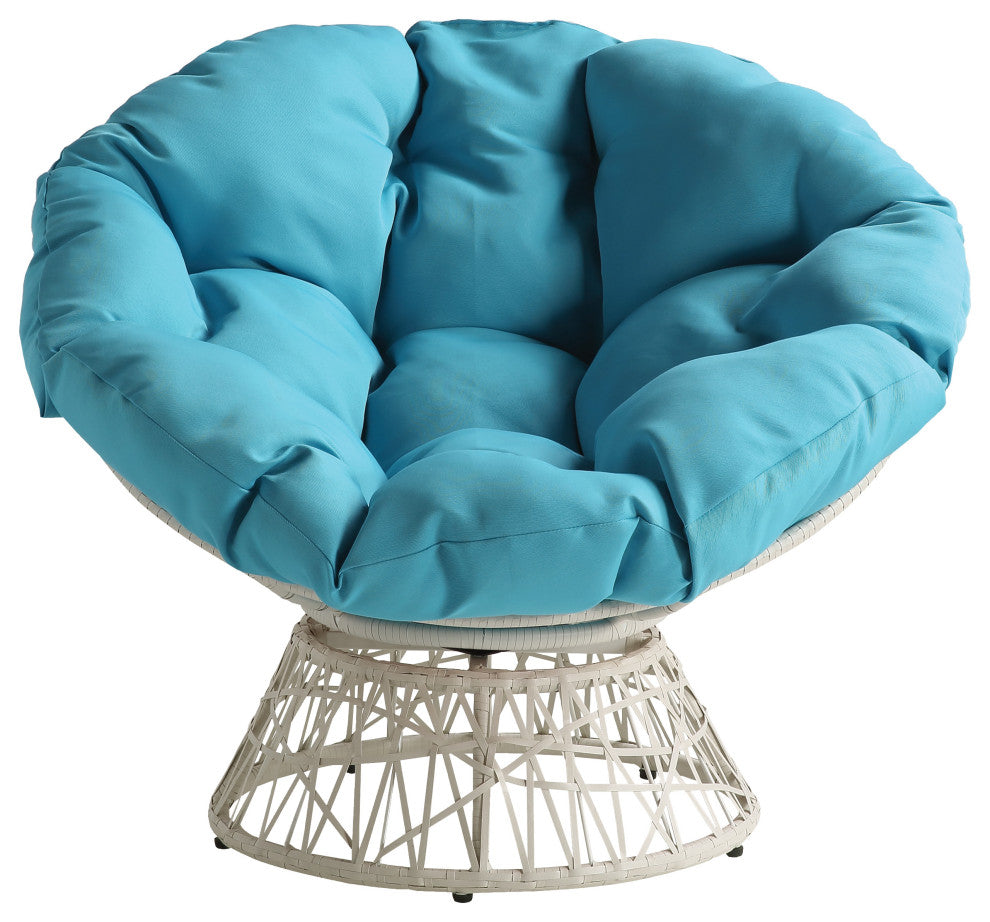 Papasan Chair With Blue Round Pillow Cushion and Cream Wicker Weave