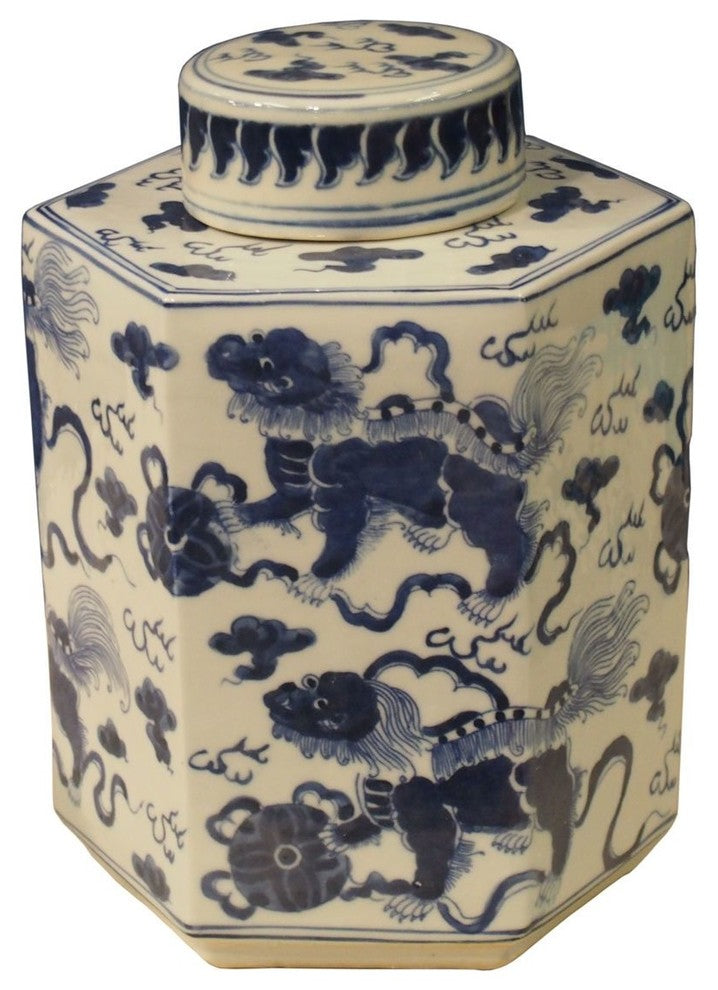 Blue and White Foo Dog Motif Porcelain Tea Caddy Jar, 11.5"