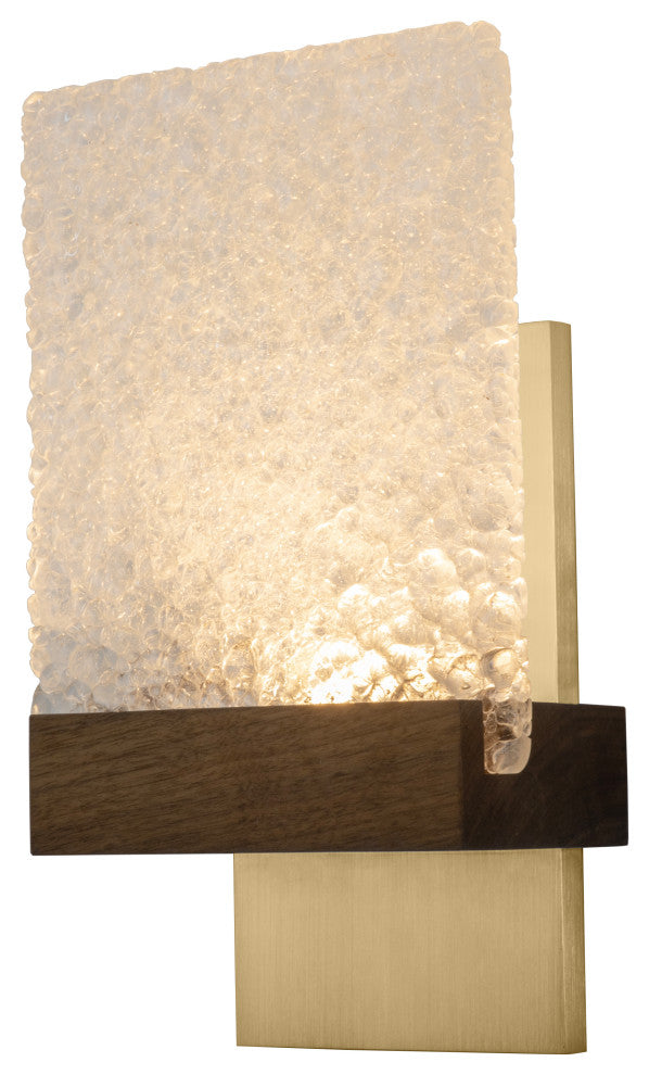 Fortis Wall Sconce Walnut Glacies Glass, Brushed Brass, 2700k P1 Driver