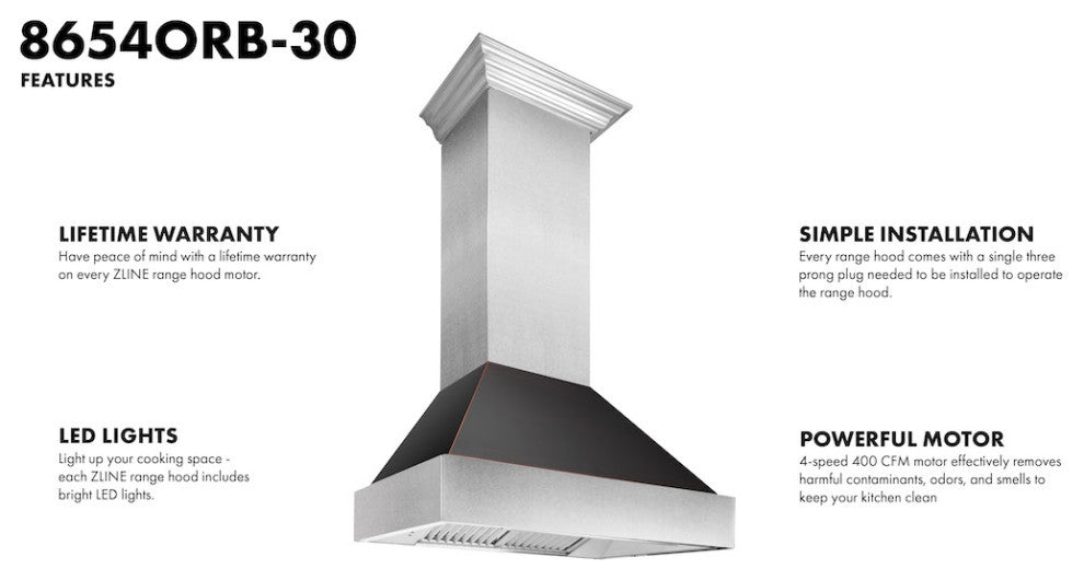 Ducted DuraSnow Stainless Steel Range Hood with Oil Rubbed Bronze Shell