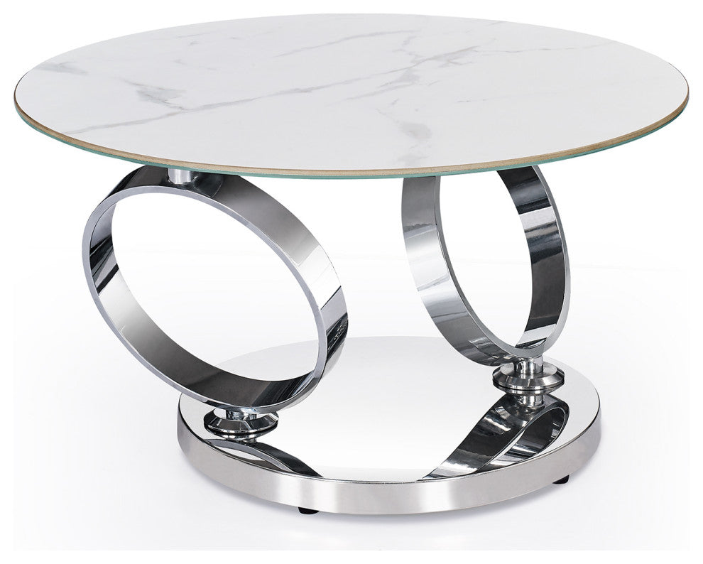 Motion Coffee Table With Ceramic Top and Stainless Steel Base, White