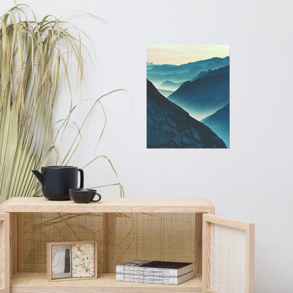 Misty Blue Silhouette Mountain Range Landscape Photo Unframed Wall Art Prints, 16" X 20"