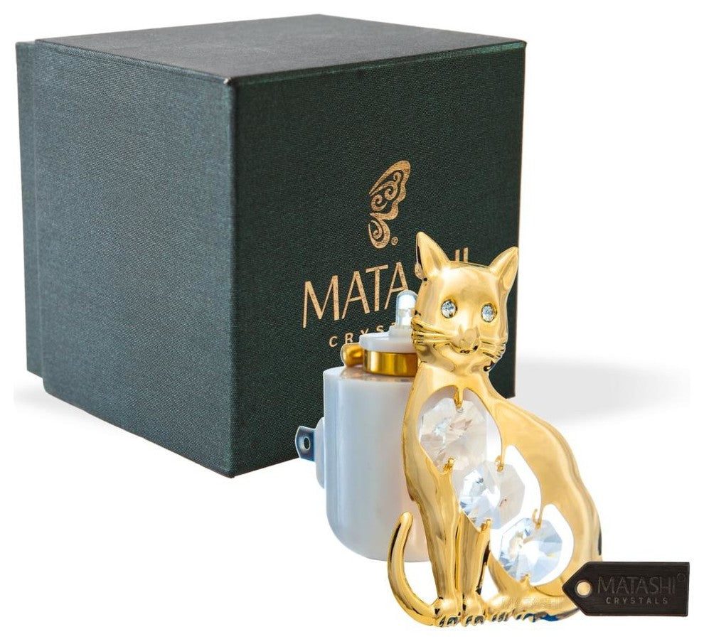 24K Gold Plated Crystal Studded Kitty Cat Night Light With White LED Bulb