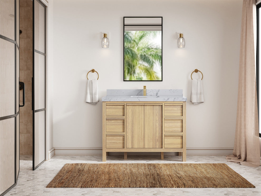 Elizabeth Oak 48" Single Sink Vanity, White 2" Venatino Quartz