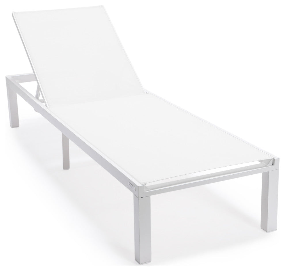 LeisureMod Marlin White Patio Chaise Lounge Chair with Fire Pit Table, White