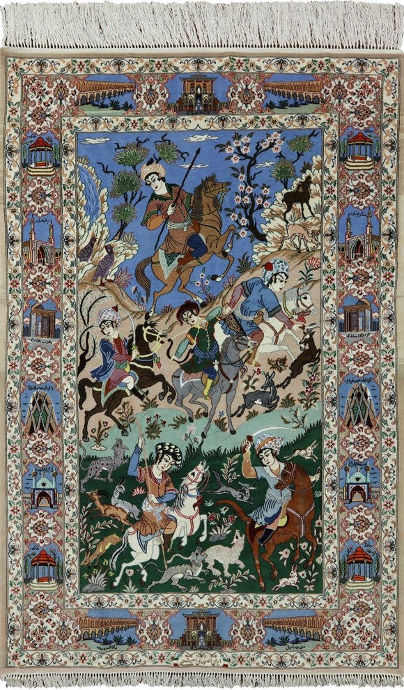 Signed Hand Knotted Authentic Persian Isfahan Hunting Scene Wool/Silk Rug, 4x7