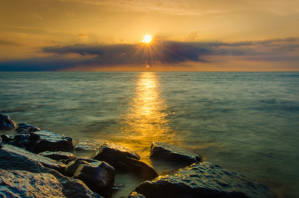 Sunset On Ocean, Sea, Beach Nature Landscape Photo Canvas Print, 18" X 24"