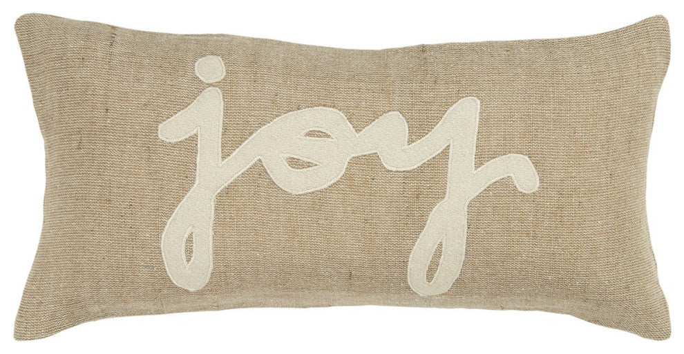Tan Joy Felt Applique Burlap Lumbar Pillow