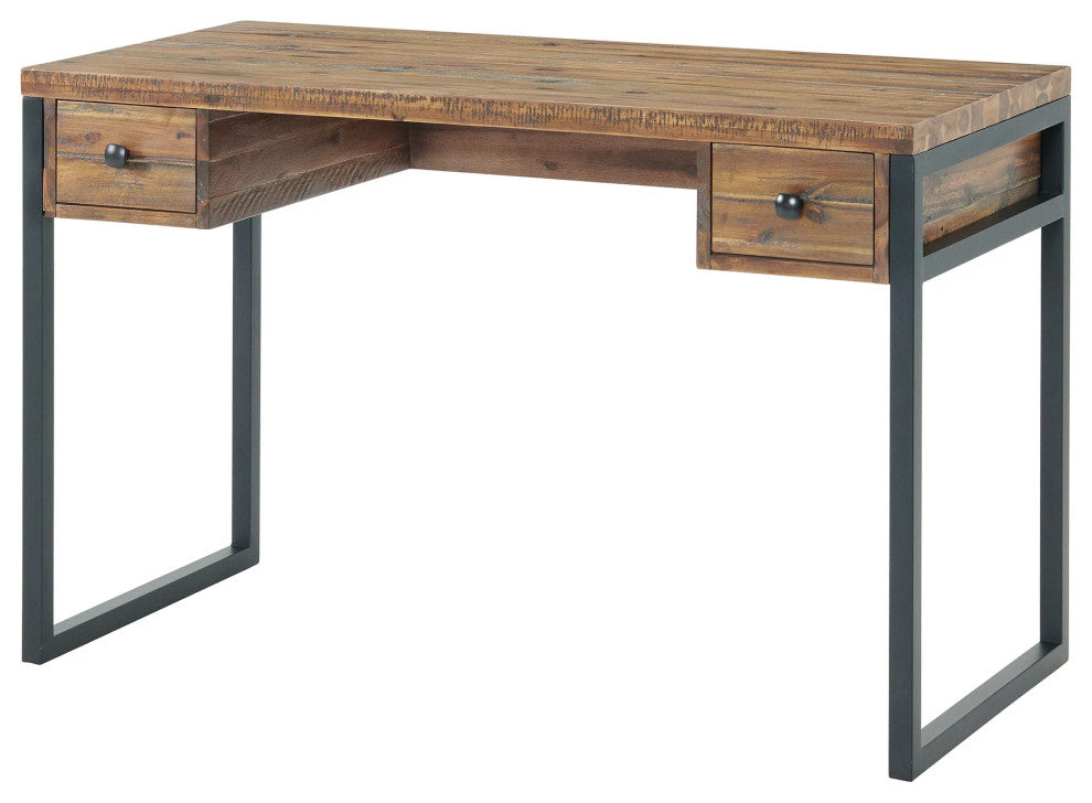 Rustic Desk, Black Painted Metal Legs With Brown Worktop & Slim Storage Drawers